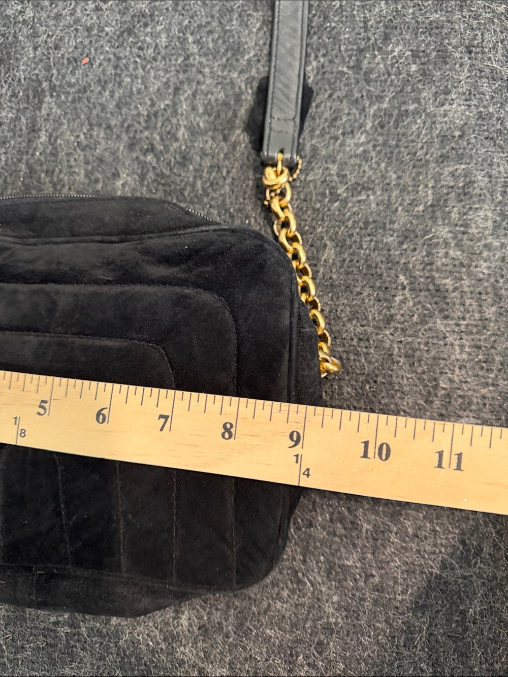 Black Quilted Suede/Leather Shoulder Bag with Gold Chain Accent - Picture 8 of 11